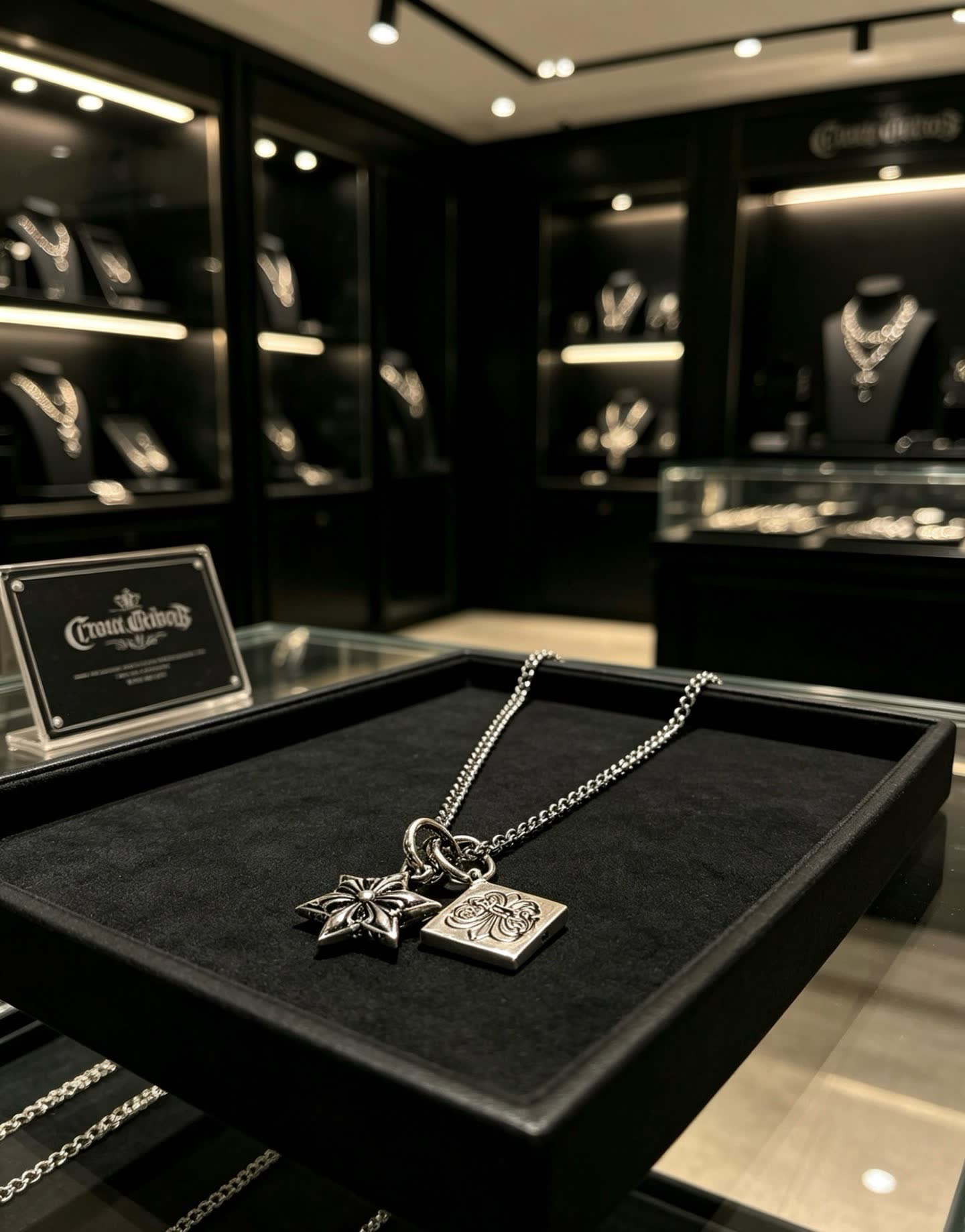 Chrome Hearts Silver Star and Square Charm Necklace